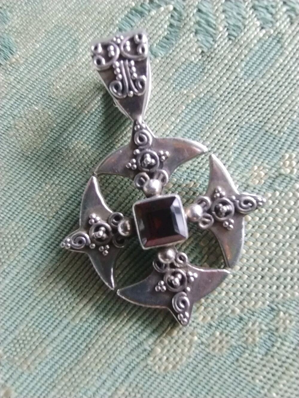 Sterling Silver 925 India Signed Maltese Cross Garnet Beaded Scrollwork Pendant